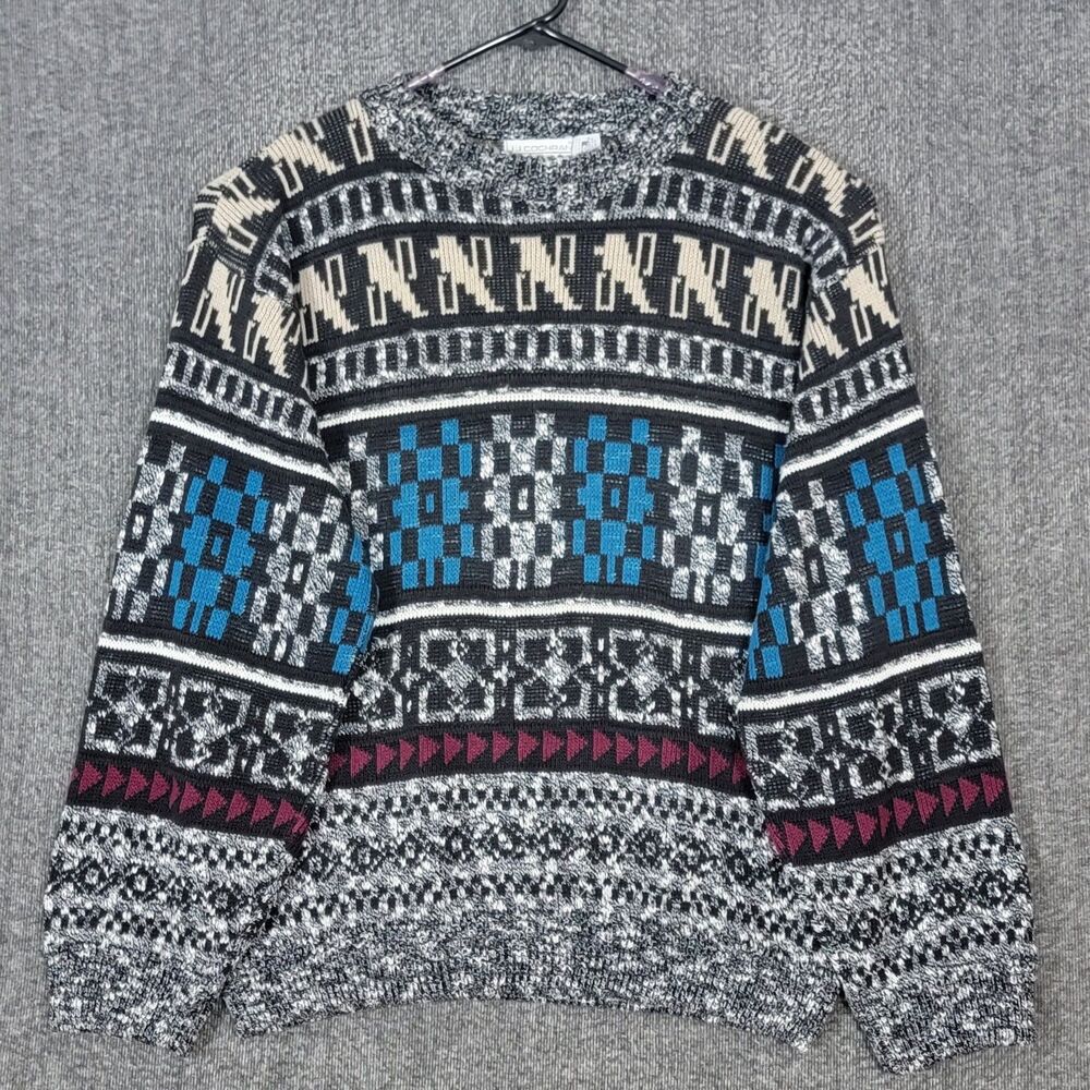 Vintage JJ Cochran Sweater Mens L Black Geometric Long Sleeve Crewneck Pullover